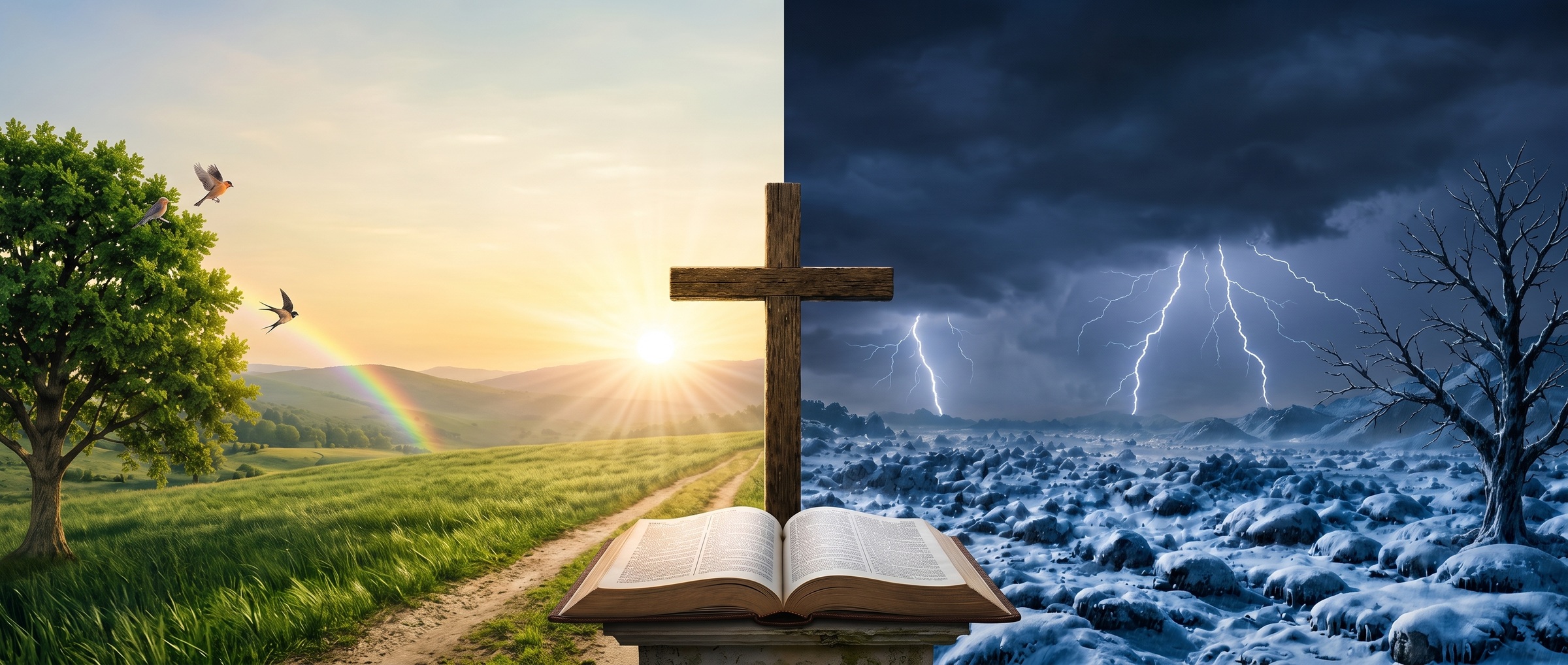 Una Biblia abierta ante una cruz, entre un paisaje luminoso y una tormenta