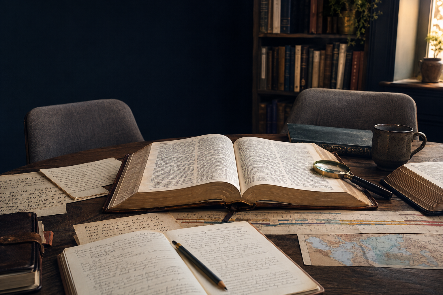 Una Biblia abierta entre manuscritos, notas de estudio y un mapa histórico